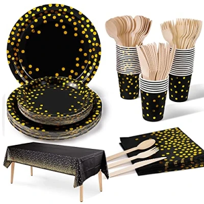 Image of Nkaiso Party Tableware 141 Pieces Black Gold Paper Set Includes Plates Napkins Cups Tableware, for Wedding Shower, Engagement, Wedding, Birthday (20 Guests)