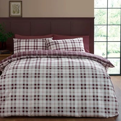 Image of Catherine Lansfield Kelso Check Reversible Single Duvet Cover Set with Pillowcase Plum