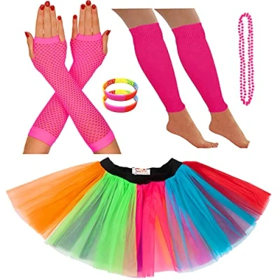 Image of REDSTAR FANCY DRESS® Neon Tutu Skirt Leg Warmers Fishnet Gloves Necklace Beads and Wrist (8 12 UK, Rainbow)