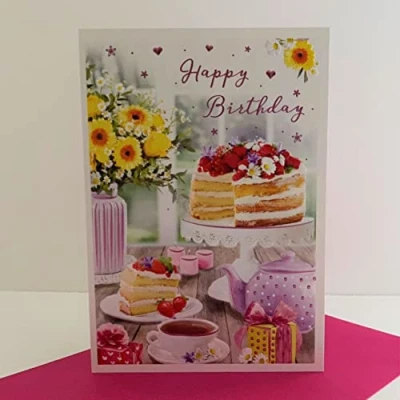 Image of ICG Female Happy Birthday Card Afternoon Tea Cake Flowers