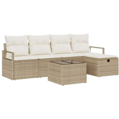 Image of vidaXL 6 Piece Garden Sofa Set with Cushions Beige Poly Rattan
