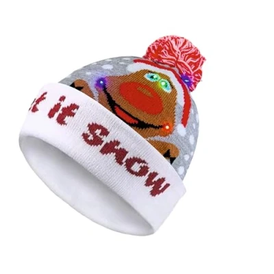 Image of Topzilly LED Light Up Christmas Beanie Hat Fun Festive Hats for Adults &amp; Kids Cozy Bobble with Flashing Lights Elf Hats, Baby Hat, Holiday Gifts Parties (Let it snow Grey)