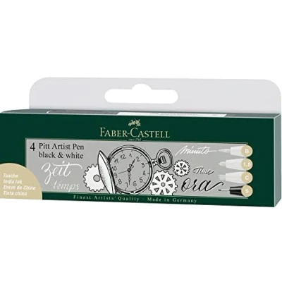 Image of Faber Castell Art &amp; Graphic Pitt Artist Pen India Ink Pen, Black White, Wallet Of 4, For Art, Craft, Drawing, Sketching, Home, School, University, Colouring