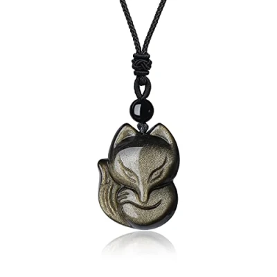 Image of COAI Men&#039;s Women&#039;s Golden Sheen Obsidian Stone Fox Pendant Necklace