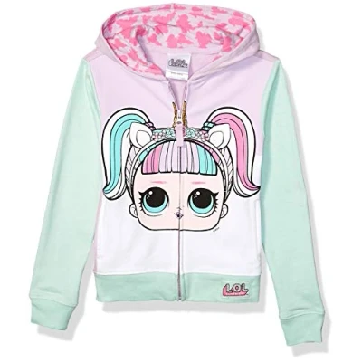 Image of L.O.L. Surprise! Girls&#039; The Theater Club Unicorn Big Face Zip up Hoodie Hooded Sweatshirt, Lilac/Mint, M