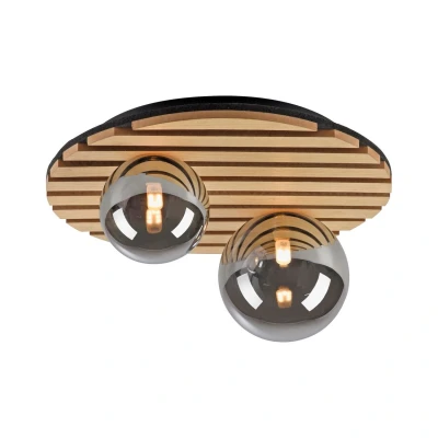 Image of JUST LIGHT. Green Stika ceiling light, round, 2 bulb, wood
