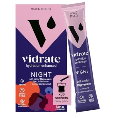 Image of Electrolytes Powder Hydration Sachets Packed with Vitamins Zero Sugar Rehydration Sachet No Artificial Sweeteners by ViDrate Night Time Mixed Berry Large Pack 30