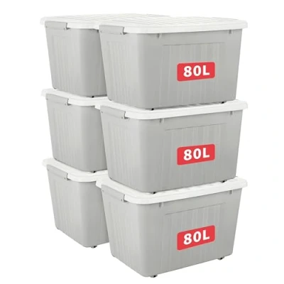 Image of Cetomo 80L*6 Aufbewahrungsboxen mit Deckeln, Kunststoff Aufbewahrungsbox Rollen und Clips, Kunststoffbox für Zuhause Büro, BPA frei, Nestbar, Stapelbar, Grau, 80L 6er Pack