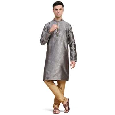 Image of SKAVIJ Men&#039;s Embroidered Kurta Pajama Set Jacquard Silk Ethnic Motifs 2 Piece Grey_X Large