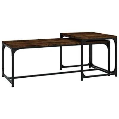 Image of vidaXL Smoked Oak Engineered Wood Coffee Tables Set of 2, Industrial Style Living Room Furniture with Steel Frames and Adjustable Legs