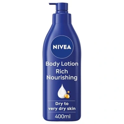 Image of NIVEA Rich Nourishing Body Lotion (400ml), 72H Hydration Moisturiser for Dry Skin Made with Deep Moisture Serum and Almond Oil, Intensive