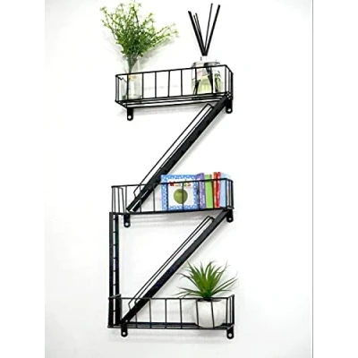 Image of Marco Paul Interiors Wall Shelf, Fun Shelving, Fire Escape Look Floating Shelf Unit, Black Display Storage Solution, Lounge Bedroom Book Shelves, New York Novelty Steel Frame