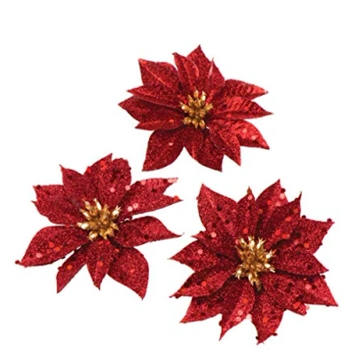 Image of Baker Ross AR844 Glitter Poinsettia Artificial Flowers, Wood, Decoration or Christmas Crafts (Pack of 8), Assorted