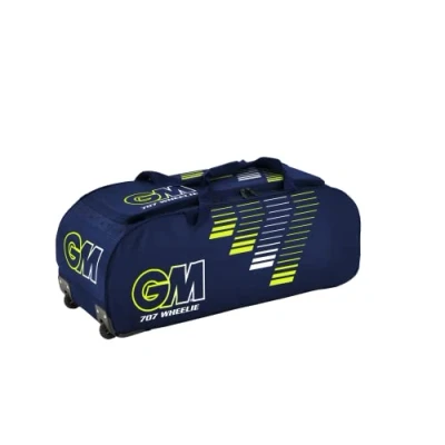 Image of Gunn &amp; Moore GM Cricket Wheelie Bag Holdall 707 Prima Engineered Wheel Housing All Terrain Tough Water Resistant 600 Denier Polyester Anti Scuff Corner Protection Medium 92 Litres Blue