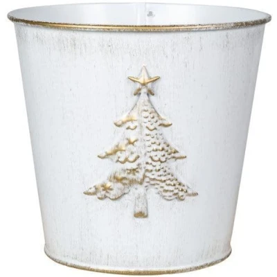 Image of Fyne Finds Metal Christmas Tree Embossed Plant Pot 15cm, 6inch Tin Pail Planter 1.5L Gold White Decor Xmas Gift (1)