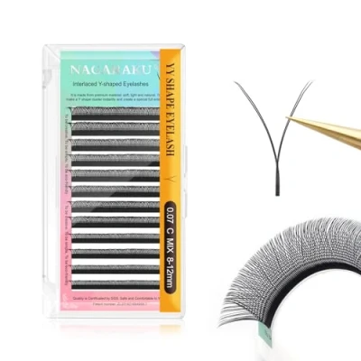Image of NAGARAKU YY Eyelash Extensions Supplies Y Lash Premade Fans 4D Russian Volume Cross Eyelashes Handwoven Shaped Mesh Technology Wispy Crisscross Cluster Matte Black 12 Rows(0.07 C Curl 8 12mm）