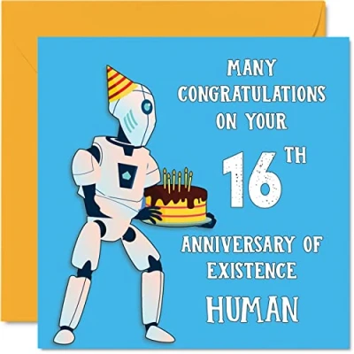Image of Funny 16th Birthday Cards for Boys Girls Robot Droid Happy Card Son Daughter Brother Sister Grandson Granddaughter Niece Nephew Cousin, 145mm x Joke Humour Banter Greeting