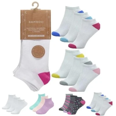 Image of OnlyBee 6 Pairs of Ladies BAMBOO Trainer Ankle Socks (Coloured Heel)