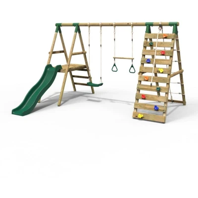 Image of Wooden Swing Set with Deck and Slide plus Up Over Climbing Wall Jasper Green Rebo