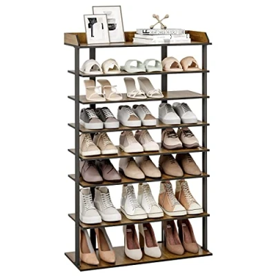 Image of Mondeer Tall Shoe Rack, 7 Tier Slim Shelf, Wooden Narrow Industrial Style for Entryway Hallway Bedroom, W70 x D28 H113 cm, Rustic Brown