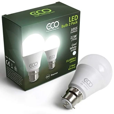 Image of ECO 2 pin B22 Bayonet Light Bulbs, Energy Saving 11W LED, 1055 Lumens, 75W Equivalent, Frosted, Cool White Daylight (6500K), Low Heat, 15,000Hrs Lifetime. (Cool x Pack)