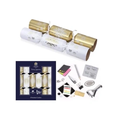 Image of Tom Smith Pack 6 Eco Charity Christmas Crackers White &amp; Gold Snowflake Design 33cm