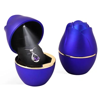 Image of Rolin Roly Pendant Box with LED Light Royal Blue Rose Shape Velvet Storage Jewelry Boxes Display Necklace Gift Case for Organizer Engagement Anniversaries Weddings