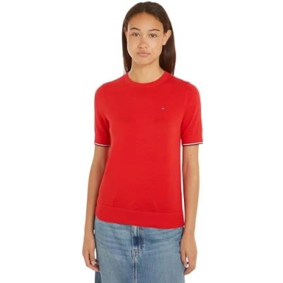 Image of Tommy Hilfiger Women&#039;s CO Jersey Stitch C NK SS Sweater Fierce Red XL