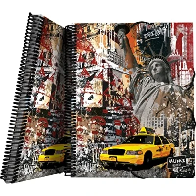 Image of Grafoplás 39822446 Grunge Cities New York Collection A4 Spiral Folder, Polypropylene Cover, Elastic Closure, 30 Transparent Pockets, includes Fabric Closure Envelope