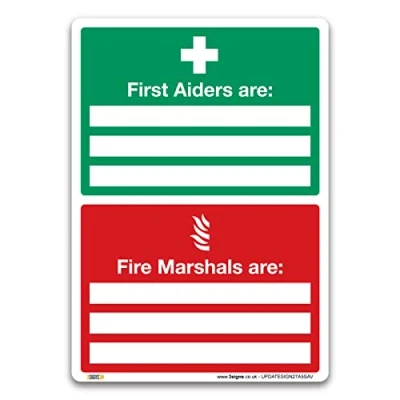 Image of First Aiders Are Fire Marshals Sign Self adhesive Vinyl Aid Emergency Safety (Pack of 4: A5 210 x 148mm)