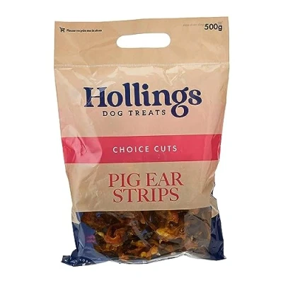 Image of Hollings Pig Ear Strips Dog Treats, 100% Natural Air Dried Long Lasting Chews for Adult Dogs, Grain Free &amp; High in Protein (500g)