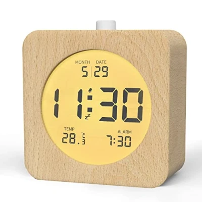 Image of aboveClock Digital Alarm Clock, Wood Clocks Bedside with LCD Display, Snooze Function, Night Light, Only Battery Powered Clock for Bedroom, Light