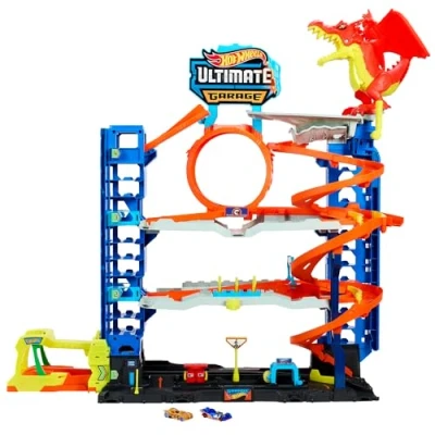 Image of Hot Wheels Let&#039;s Race Netflix City Ultimate Garage Playset with 2 Die Cast Cars, Toy Storage for 50+ 1:64 Scale 4 Levels of Track Play, Defeat the Dragon, HKX48