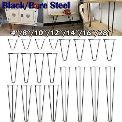 Image of 28Inch/71cm Steel Hairpin Table and Furniture Legs, Set for 4 Heavy Duty Legs With Free Screws &amp; Protector Feet, 3 Rod 10mm Thickness Mid Century Modern Style Black