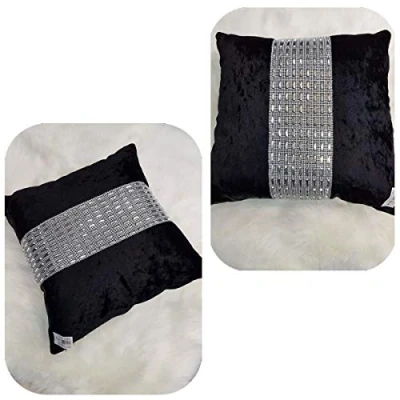 Image of Householdfurnishing Stylish Cushion cover Crushed Velvet Luxurious Modern Design Sparkle Diamante (Black, 45 X cm)