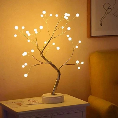 Image of Tree Branch Lights,Warm White 36 LED Pearls Decorative Desk Table Lamp Battery Operated or USB Supply Copper Wire Bedside with Touch Switch for Home Room Decor