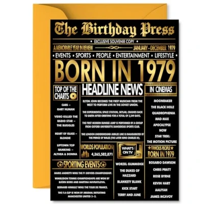 Image of Gold 46th Birthday Card for Men Women Black &amp; Golden Newspaper Born in 1979 Happy 46 Cards Niece Neighbour Colleague Friend Daughter Uncle, A5 Bday Greeting