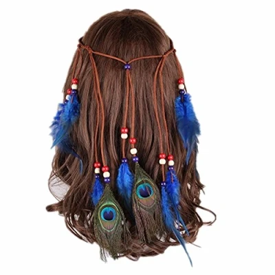 Image of Zhiheng Indian Headdress with 2pcs Peacock Feathers 8pcs Ostrich Hippie Headband Boho Headwear Carnival Head Pieces Hair Accessories for Party Favors (Royal Blue)