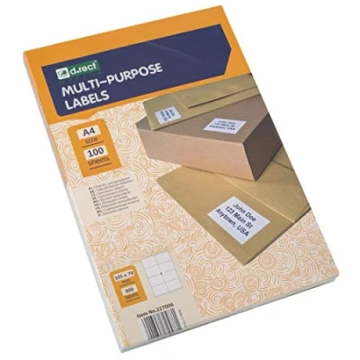 Image of D.RECT Adhesive Labels Universal (105x70mm on A4) Self Printable 100 Sheets Package 8 Sheet 800 Pieces White