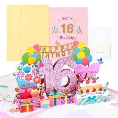 Image of Joyoldelf 16 Year Old Birthday Card, Pop Up Greeting Cards, 3D Card Cards with Envelope for Women Mothers Girls Friends Romance Gift