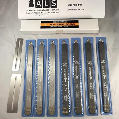 Image of ALS Bass Nut File Set 7 Piece 50 125 with Instructions (Bonus Fingerboard Guard Set) #5004 Files Made in Japan by Uo Chikyu Hiroshima Australian Luthier Supplies