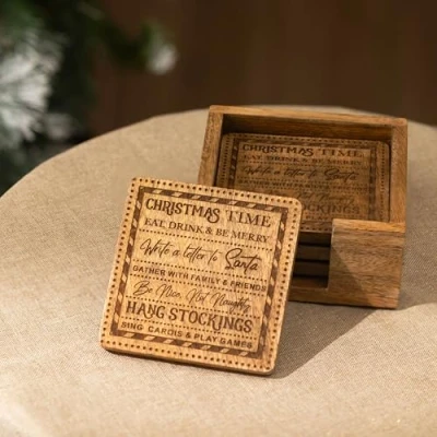 Image of Marco Paul Set of 4 Solid Wooden Christmas Drinks Table Coasters &amp; Holder Tableware Placemats Square Cup Coffee Hot Chocolate Bar Station Traditional Decoration Entertaining