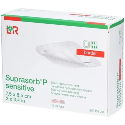 Image of Suprasorb P Sensitive Border Silicone Foam Dressings, 7.5 x 8.5 cm, Pack of 10
