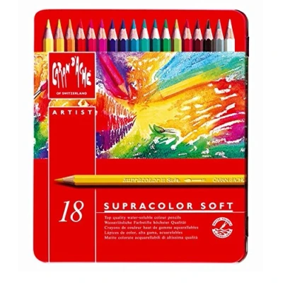 Image of Caran Dache Set Of 18 Supracolor Soft Aquarelle Water Soluble Artist Quality Sketching Colour Pencils Metal Case Tin 3888_318