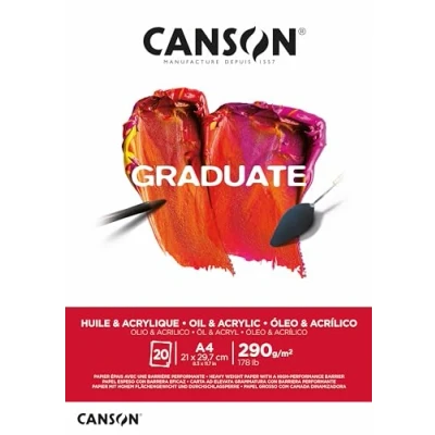 Image of CANSON Graduate Oil And Acrylic 290gsm A4 Paper, Non Woven, Pad Glued Short Side, 20 Natural White Sheets, Ideal for Student Artists