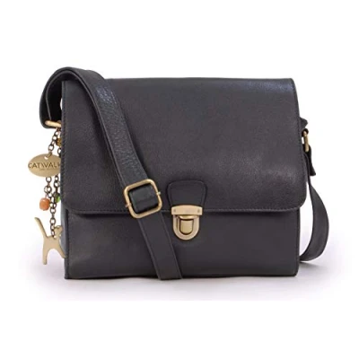Image of Catwalk Collection Handbags Women&#039;s Leather Crossbody Bag Medium A5 Size Messenger Handbag With Multiple Compartments DIANA Black