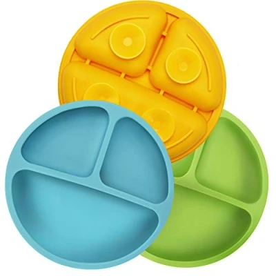 Image of PandaEar Baby Suction Plates Divided Unbreakable Silicone Weaning for Toddler Kids Children 3 Pack Non Slip Dishwasher and Microwave Safe Blue Green Yellow