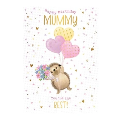 Image of Mummy Birthday Card You&#039;re the Best Hedgehog and Balloons Design Special Finish Illustrated Insert Leaf Made in UK Eco Friendly
