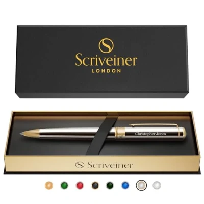 Image of Scriveiner Ballpoint Pen London Stunning with 24K Gold Finish, Schmidt Black Refill, Best Ball Gift Set for Men &amp; Women (Silver Chrome (Personalised))