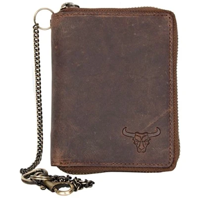 Image of Genuine Leather Wallet with Metal Zipper Around and a Chain Bull Head